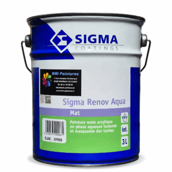 La Sigma Renov Aqua est une peinture mate acrylique isolante en phase aqueuse et masquante des taches. Pour intérieur et travaux de rénovation.