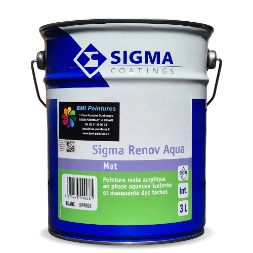 La Sigma Renov Aqua est une peinture mate acrylique isolante en phase aqueuse et masquante des taches. Pour intérieur et travaux de rénovation.