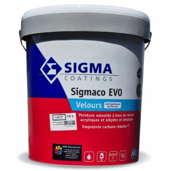 La peinture Sigmaco Velours, est une peinture veloutée à base de résines acryliques et alkydes en émulsion biosourcée, additivée anti-moisissures, avec label NF Environnement.