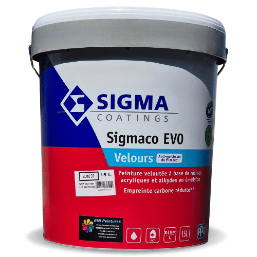 La peinture Sigmaco Velours, est une peinture veloutée à base de résines acryliques et alkydes en émulsion biosourcée, additivée anti-moisissures, avec label NF Environnement.