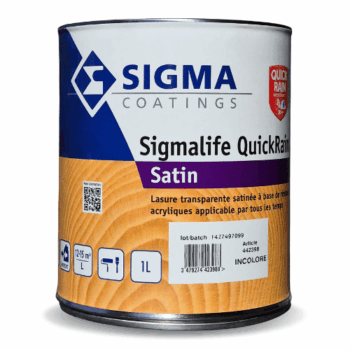 La Sigmalife Quick Rain est une lasure transparente satinée acrylique en phase aqueuse pour la décoration et la protection de surface des bois