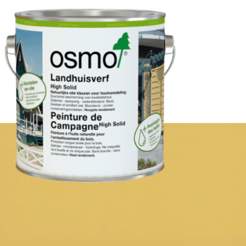 Peinture de campagne jaune soleil Osmo pour façades bois : protection durable, finition microporeuse, résistante aux intempéries et facile à appliquer.