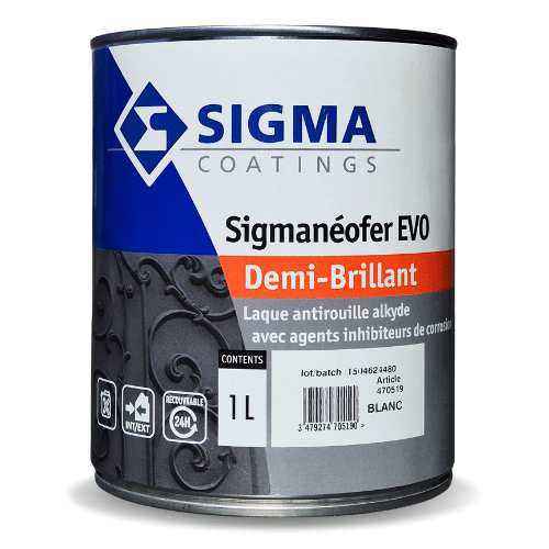 La Sigmanéofer EVO Demi-brillant est une peinture laque alkyde de finition demi brillante, inhibitrice de la rouille, pouvant être utilisée comme primaire antirouille