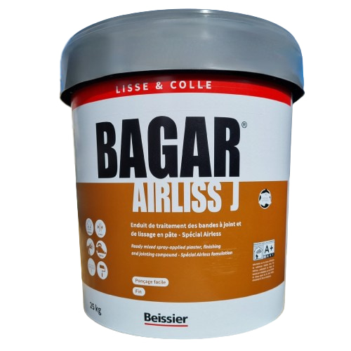 Le Bagar Airliss J de chez Beissier est un enduit de traitement des bandes à joint et de lissage en pâte à pulvériser pour l'intérieur. Spécial Airless