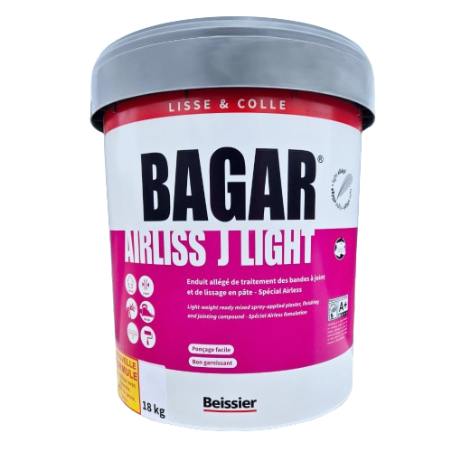Le Bagar Airliss J Light de chez Beissier est un enduit allégé de traitement des bandes à joint et de lissage, en pâte à pulvériser