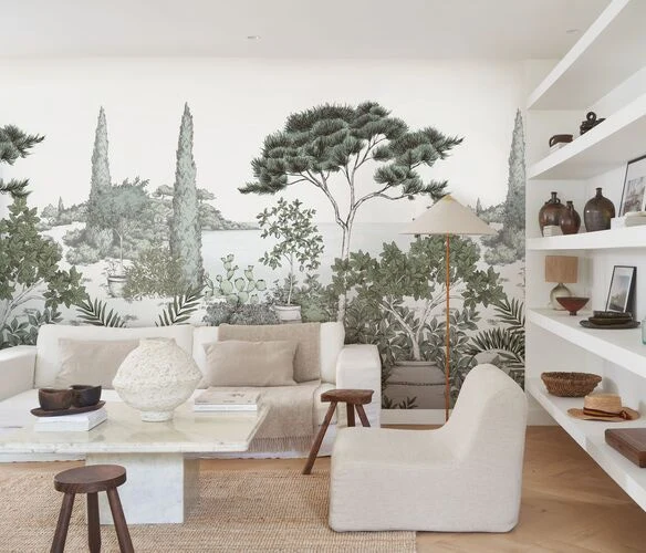 Casadeco Wonderwalls 2 A l'Ombre des Pins Vert Eucalytus Panoramique Casadeco de la collection Wonderwalls 2 avec des teintes subtiles de vert et de gris pour une ambiance calme et naturelle.