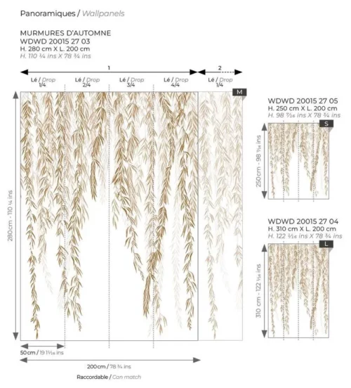 Panoramique Casadeco de la collection Wonderwalls 2 qui représente la ramure d'un saule pleureur, disponible en 3 coloris : noir, vert et tabac.