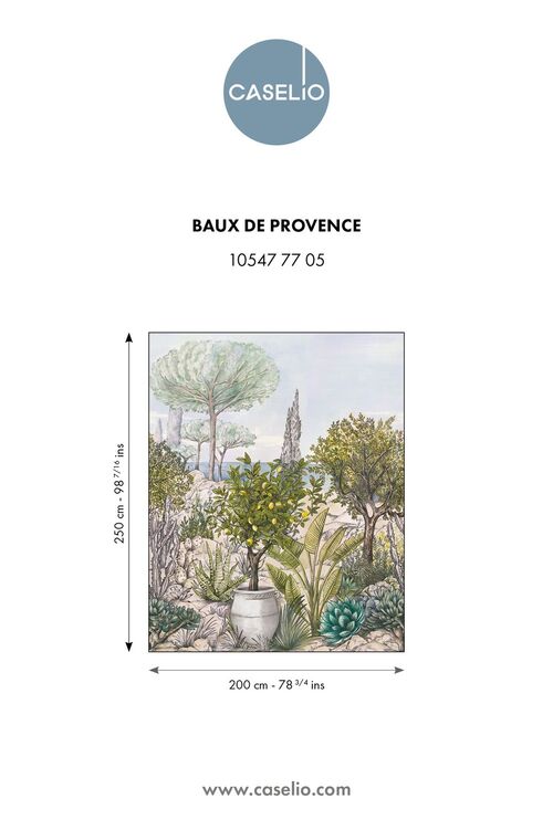 Panoramique Baux de Provence de la collection Azur par Caselio. Ce dernier évoque aux traits de crayon délicats et aux couleurs douces, les paysages méditerranéens des gravures d’antan.