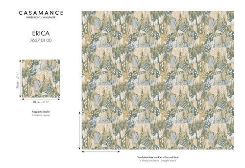 Papier peint Erica de la collection Jardin Félicia par Casamance évoque un tapis végétal vibrant, parsemé de bruyère et de fleurs sauvages s'entremêlant.