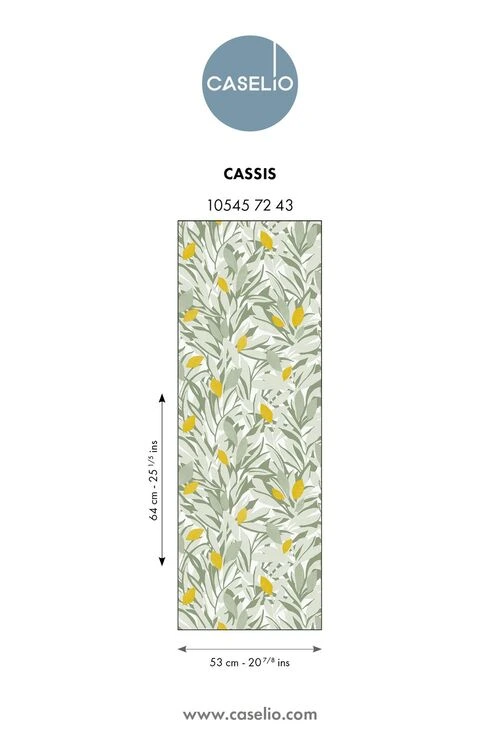 Papier peint Caselio de la collection Azur, Cassis est un motif végétal se déclinant en trois nuances de vert avec toujours sa touche de jaune lumineux.