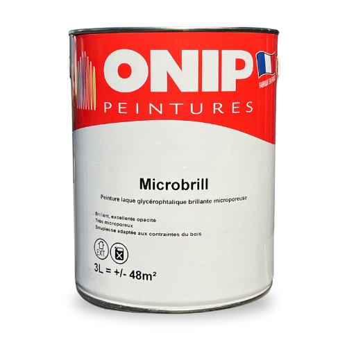 Microbrill de la marque Onip est une peinture brillante microporeuse pour bois et matériaux dérivés pour des finitions brillantes.