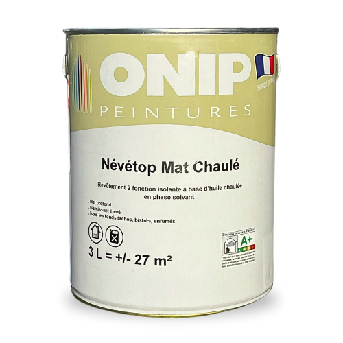 Névétop Mat Chaulé de la marque Onip est un revêtement à base d'huile chaulée à fonction isolante pour des supports tachés, enfumés ou bistrés.