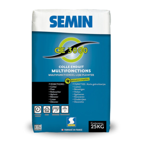 L'enduit Semin CE 3000 est un enduit multifonction en poudre pour un usage en intérieur : il colle, fixe, rebouche, aplani, lisse, décore. Format 25 KG