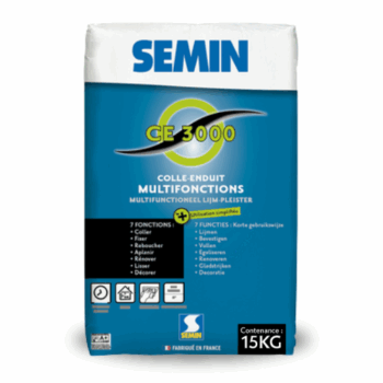 L'enduit Semin CE 3000 est un enduit multifonction en poudre pour un usage en intérieur : colle, fixe, rebouche, aplani, lisse, décore. Format 15 KG