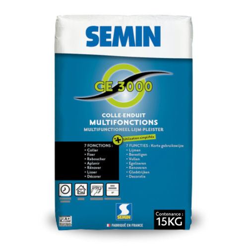 L'enduit Semin CE 3000 est un enduit multifonction en poudre pour un usage en intérieur : colle, fixe, rebouche, aplani, lisse, décore. Format 15 KG