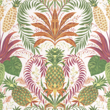 Le papier peint Samba de la collection Rio par Casadeco à un esprit tropical, où fruits et fleurs s’animent en couleurs vives et lumineuses.