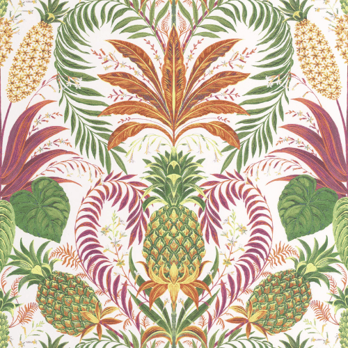 Le papier peint Samba de la collection Rio par Casadeco à un esprit tropical, où fruits et fleurs s’animent en couleurs vives et lumineuses.
