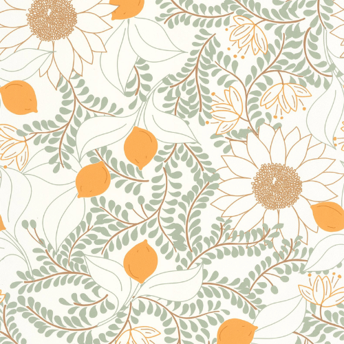 Papier peint Sunflower de la collection Kitchen Box par Caselio met en avant de grandes fleurs méditerranéennes idéal pour une cuisine ensoleillée.