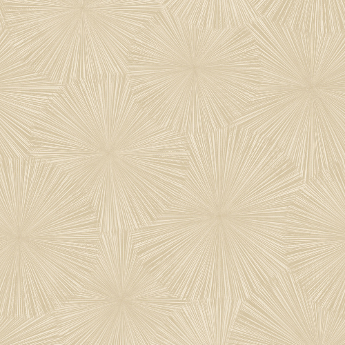 Papier peint Casadeco Hélios, un motif rayonnant évoquant soleils ou feux d’artifice, dans une palette lumineuse du blanc craie au bleu encre.