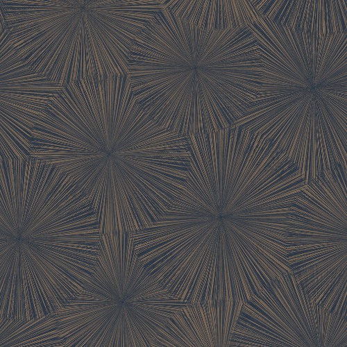 Papier peint Casadeco Hélios, un motif rayonnant évoquant soleils ou feux d’artifice, dans une palette lumineuse du blanc craie au bleu encre.