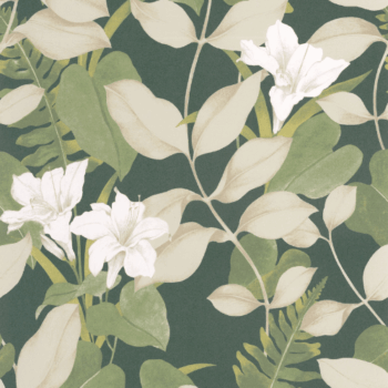 Le papier peint Royal Lily de la collection Soliflore par Casadeco est un feuillage dense, rehaussé d’un film irisé doré ou argenté selon le coloris.