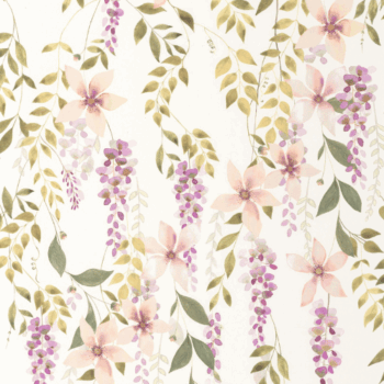 Le papier peint Wisteria de la collection Soliflore par Casadeco représente des glycines grimpantes, idéal pour des intérieurs raffinés.