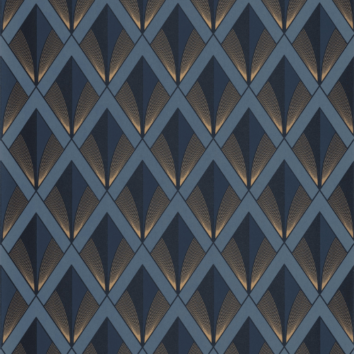 Le papier peint Chrysler de la collection Twenties par Casadeco est un motif Art déco inspiré du Chrysler Building, avec un jeu de mat et de doré.