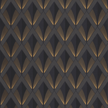 Le papier peint Chrysler de la collection Twenties par Casadeco est un motif Art déco inspiré du Chrysler Building, avec un jeu de mat et de doré.