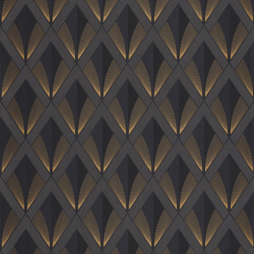 Le papier peint Chrysler de la collection Twenties par Casadeco est un motif Art déco inspiré du Chrysler Building, avec un jeu de mat et de doré.