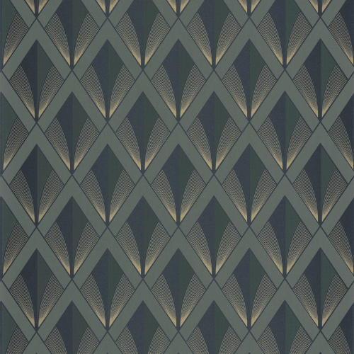 Le papier peint Chrysler de la collection Twenties par Casadeco est un motif Art déco inspiré du Chrysler Building, avec un jeu de mat et de doré.
