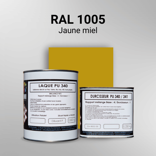 Laque PU 340 RAL 1005 Jaune miel Laque polyuréthane professionnelle en RAL 1005 Jaune miel pour vos supports bruts. Finition durable, haute adhérence et séchage rapide.