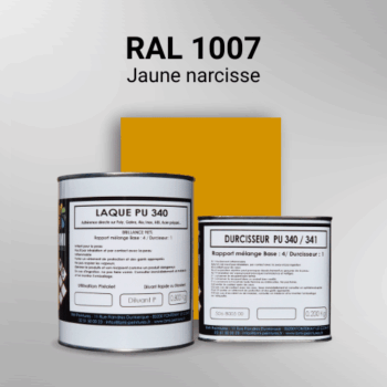 Laque polyuréthane professionnelle en RAL 1007 Jaune narcisse pour vos supports bruts. Finition durable, haute adhérence et séchage rapide.
