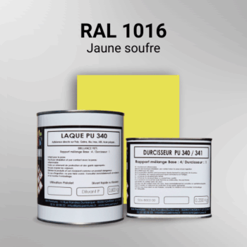 Laque polyuréthane professionnelle en RAL 1016 Jaune soufre pour vos supports bruts. Finition durable, haute adhérence et séchage rapide.