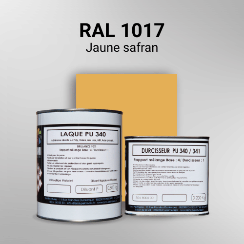 Laque PU 340 RAL 1017 Jaune safran Laque polyuréthane professionnelle en RAL 1017 Jaune safran pour vos supports bruts. Finition durable, haute adhérence et séchage rapide.