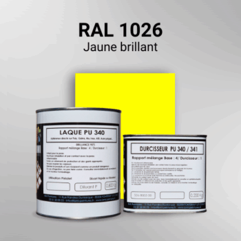 Laque polyuréthane professionnelle en RAL 1026 Jaune brillant pour vos supports bruts. Finition durable, haute adhérence et séchage rapide.