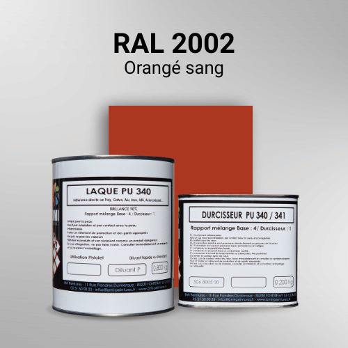 Laque PU 340 RAL 2002 Orangé sang Laque polyuréthane professionnelle en RAL 2002 Orangé sang pour vos supports bruts. Finition durable, haute adhérence et séchage rapide.