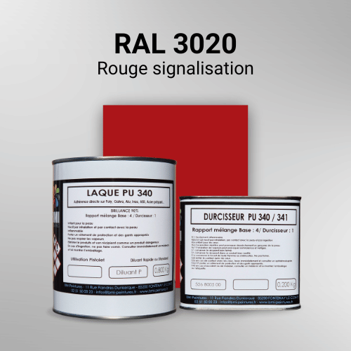 Laque polyuréthane professionnelle en RAL 3020 Rouge signalisation pour vos supports bruts. Finition durable, haute adhérence et séchage rapide.