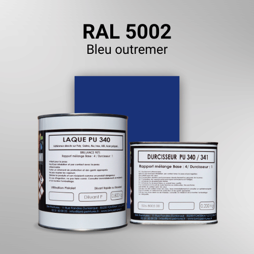 Laque polyuréthane professionnelle en RAL 5002 Bleu outremer pour vos supports bruts. Finition durable, haute adhérence et séchage rapide.