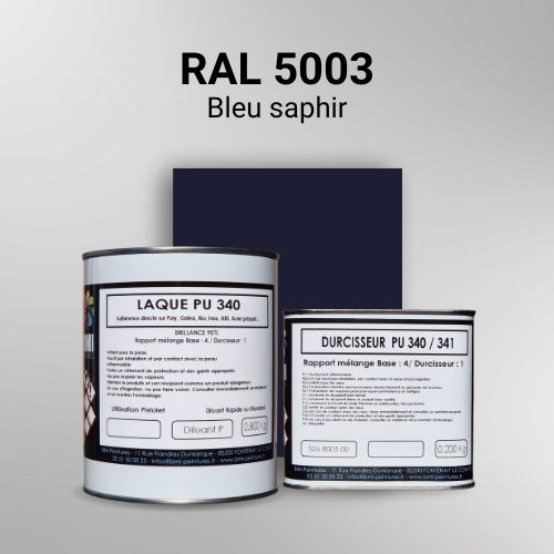 Laque PU 340 RAL 5003 Bleu saphir Laque polyuréthane professionnelle en RAL 5003 Bleu saphir pour vos supports bruts. Finition durable, haute adhérence et séchage rapide.