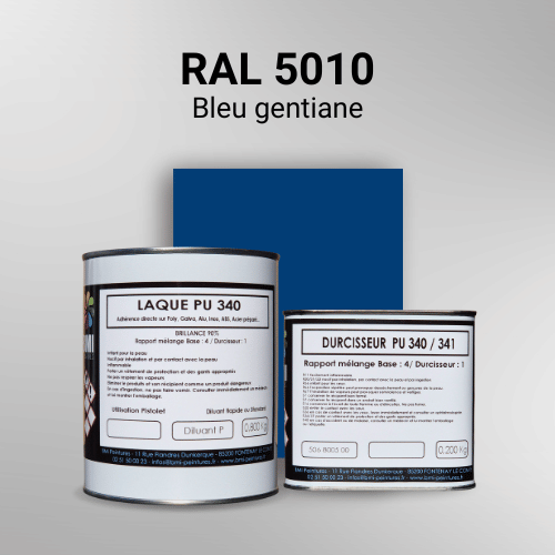Laque PU 340 RAL 5010 Bleu gentiane Laque polyuréthane professionnelle en RAL 5010 Bleu gentiane pour vos supports bruts. Finition durable, haute adhérence et séchage rapide.
