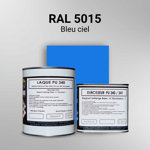 Laque polyuréthane professionnelle en RAL 5015 Bleu ciel pour vos supports bruts. Finition durable, haute adhérence et séchage rapide.