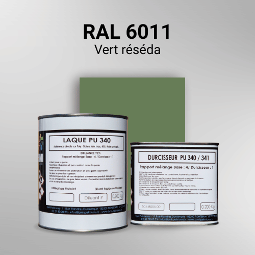 Laque PU 340 RAL 6011 Vert réséda Laque polyuréthane professionnelle en RAL 6011 Vert réséda pour vos supports bruts. Finition durable, haute adhérence et séchage rapide.