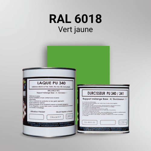 Laque polyuréthane professionnelle en RAL 6018 Vert jaune pour vos supports bruts. Finition durable, haute adhérence et séchage rapide.