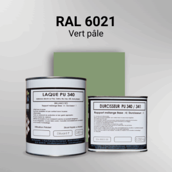 Laque polyuréthane professionnelle en RAL 6021 Vert pâle pour vos supports bruts. Finition durable, haute adhérence et séchage rapide.
