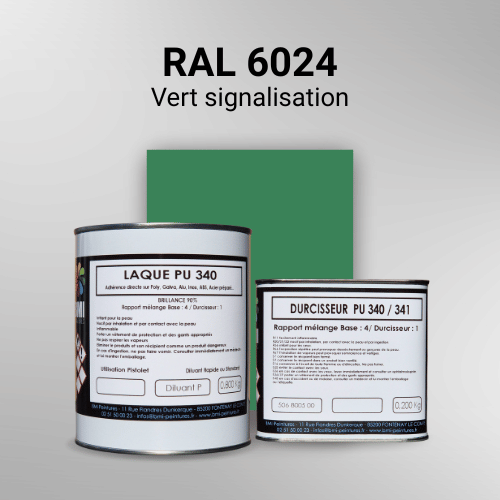 Laque polyuréthane professionnelle en RAL 6024 Vert signalisation pour vos supports bruts. Finition durable, haute adhérence et séchage rapide.