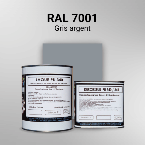 Laque polyuréthane professionnelle en RAL 7001 Gris argent pour vos supports bruts. Finition durable, haute adhérence et séchage rapide.