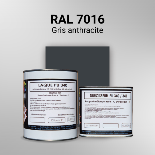 Laque polyuréthane professionnelle en RAL 7016 gris anthracite pour vos supports bruts. Finition durable, haute adhérence et séchage rapide.