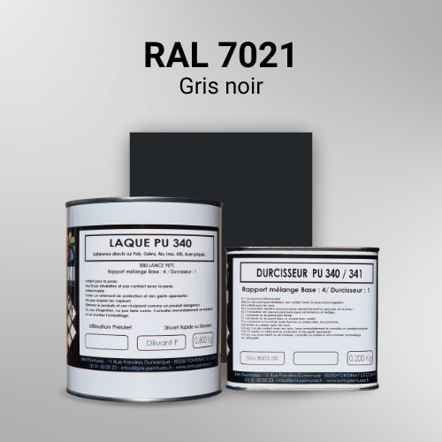Laque PU 340 RAL 7021 Gris noir Laque polyuréthane professionnelle en RAL 7021 Gris noir pour vos supports bruts. Finition durable, haute adhérence et séchage rapide.