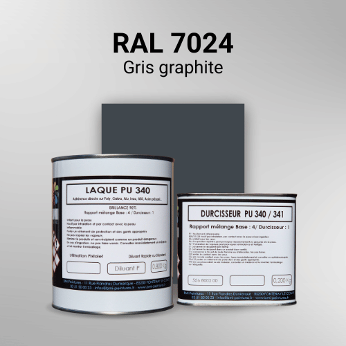 Laque polyuréthane professionnelle en RAL 7024 Gris graphite pour vos supports bruts. Finition durable, haute adhérence et séchage rapide.