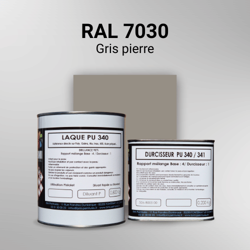 Laque PU 340 RAL 7030 Gris pierre Laque polyuréthane professionnelle en RAL 7030 Gris pierre pour vos supports bruts. Finition durable, haute adhérence et séchage rapide.